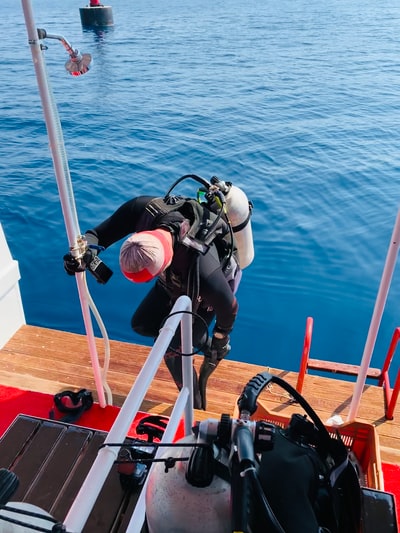 During the brown wooden pier on the black and red buoy
